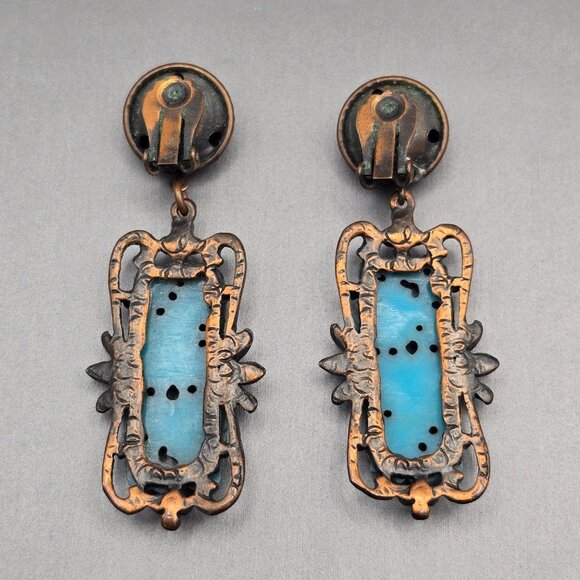 VTG Selro Turquoise Thermoset Floral Design & Copper Clip-On Earrings 2.5" - Picture 4 of 6